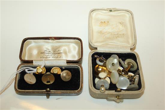 Set 3 9ct white gold pearl-set dress studs, cased, 2 pairs 18ct gold studs, sundry mother of pearl studs etc